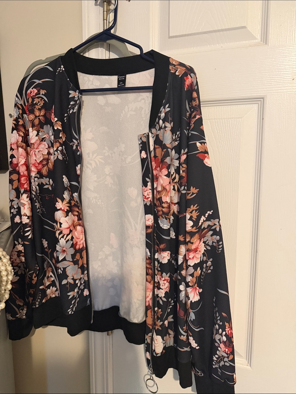 Floral Zip Bomber Jacket - Black with Pink & Brown Flowers
